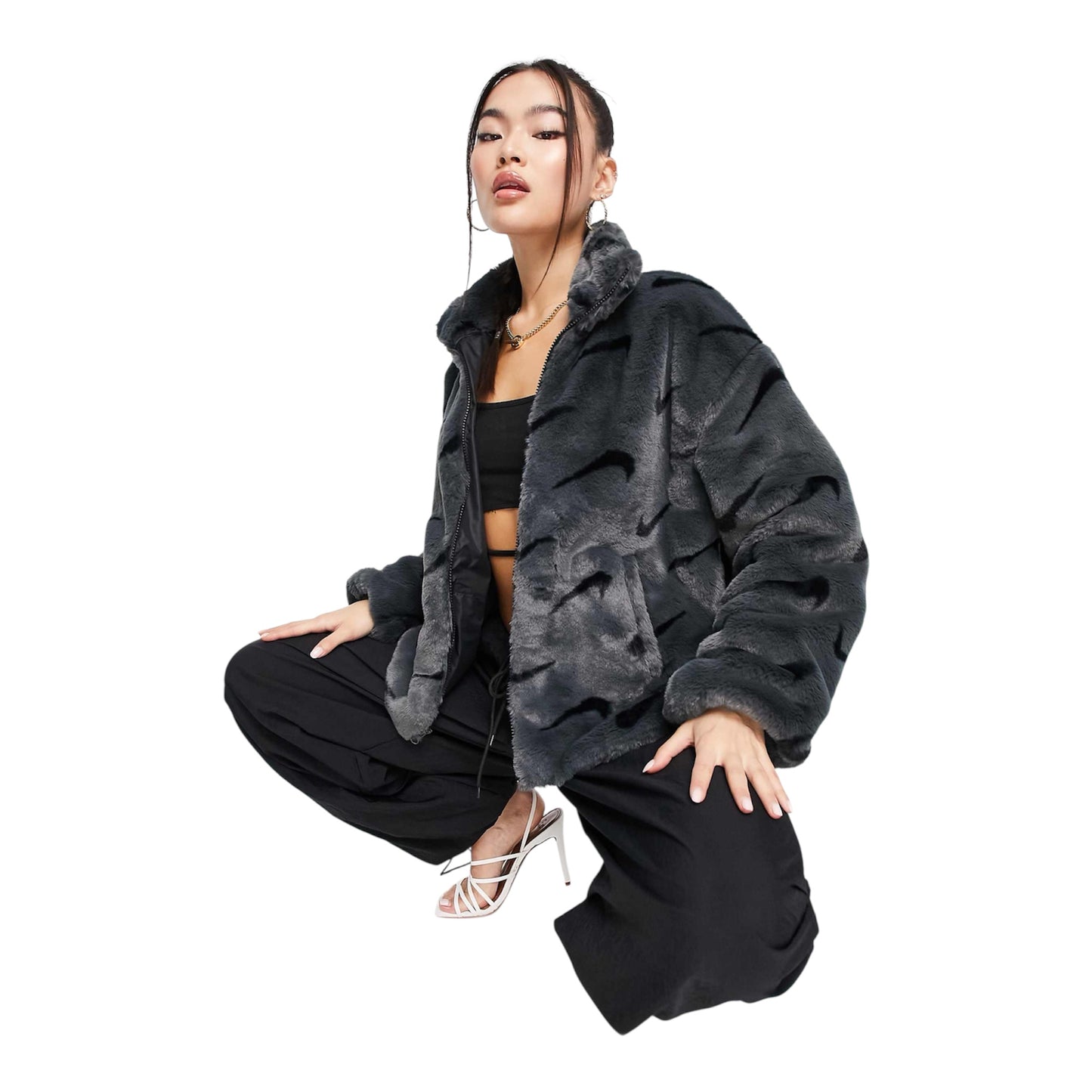 Nike all over swoosh faux fur jacket in smoke grey and black