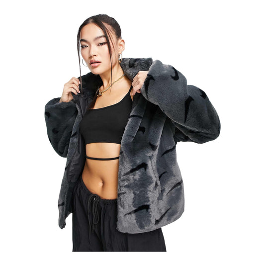 Nike all over swoosh faux fur jacket in smoke grey and black