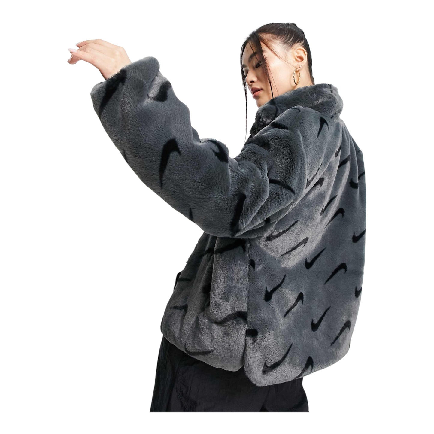 Nike all over swoosh faux fur jacket in smoke grey and black