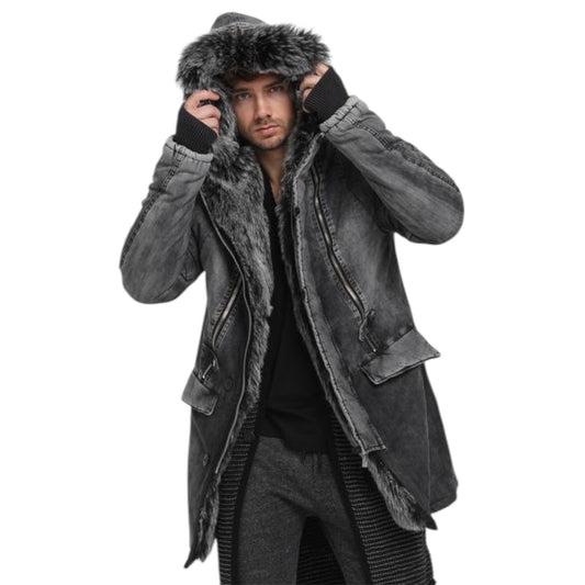 Denim furry coat